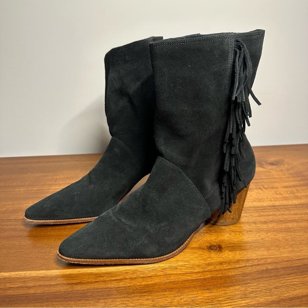 Bernardo Felix Black Suede Fringe Mid Calf Ankle Boots, 10
